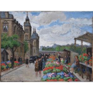 Constant Dore "le Quai Aux Fleurs à Paris" Huile Sur Toile 50x61